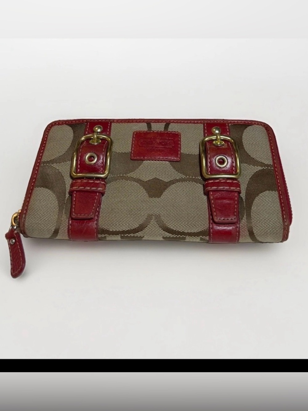 Coach Zoe 2007 Wallet Brown/Beige Canvas Red Leather Trim Brass Tone Buckles